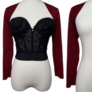 Vintage 90's Burgundy Red Silver Glitter Slinky Shrug Top Bolero Medium